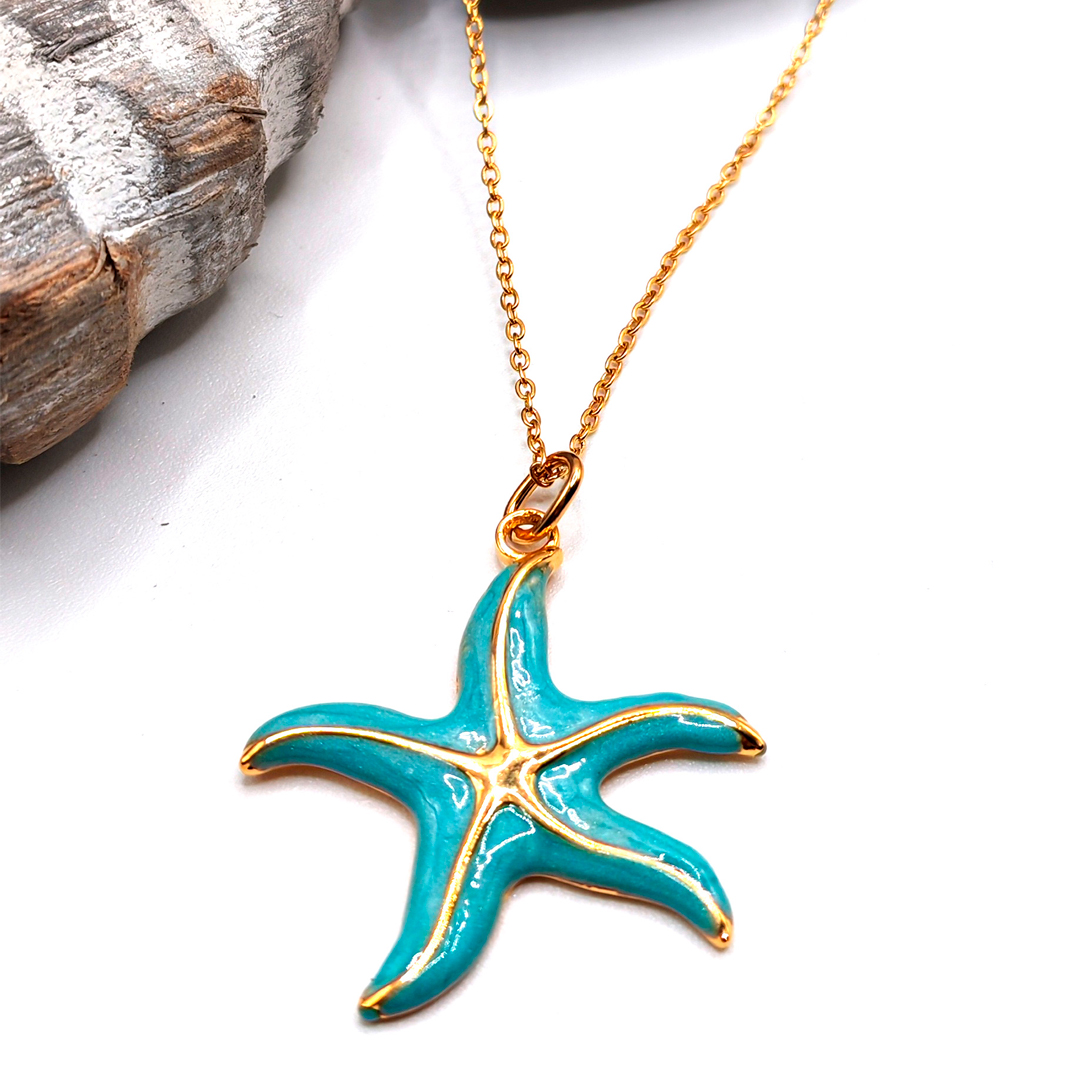 Collar estrella de mar azul turquesa dorado